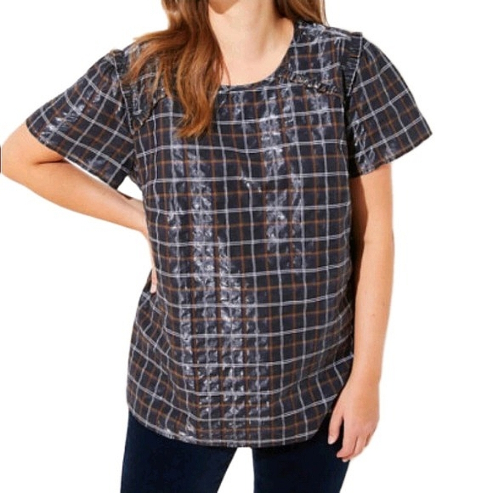 NWT LOFT Top Shimmer Plaid Ruffle Blouse Short Sleeve Size S Navy Lined‎